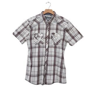 BKE Mens Tailored Fit Plaid Shirt XL White Brown Short Sleeve Pearl Button